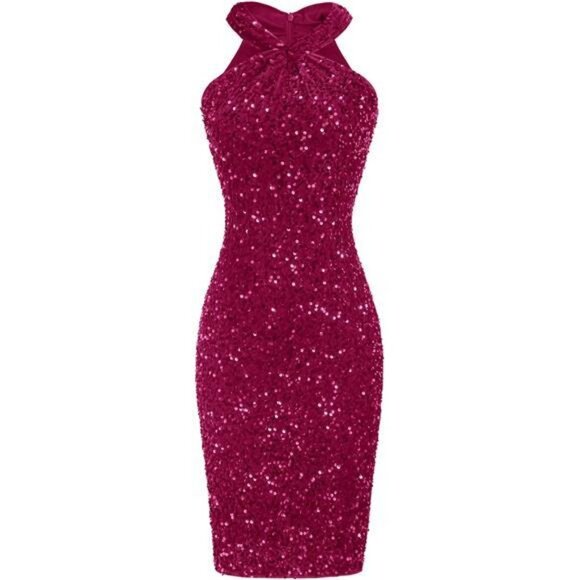 Womens Sequin Dress Sleeveless Sparkly Glitter Halter Red Pink - Picture 1 of 5